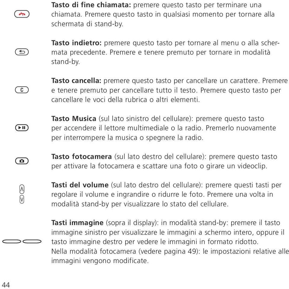 Tasto cancella: premere questo tasto per cancellare un carattere. Premere e tenere premuto per cancellare tutto il testo. Premere questo tasto per cancellare le voci della rubrica o altri elementi.