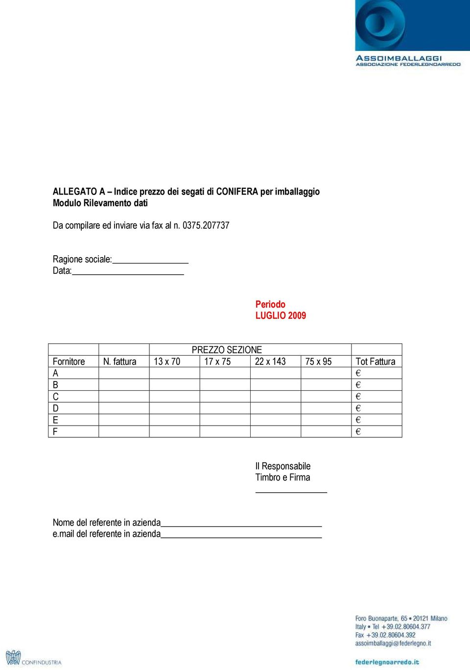 207737 Ragione sociale: Data: Periodo LUGLIO 2009 PREZZO SEZIONE Fornitore N.