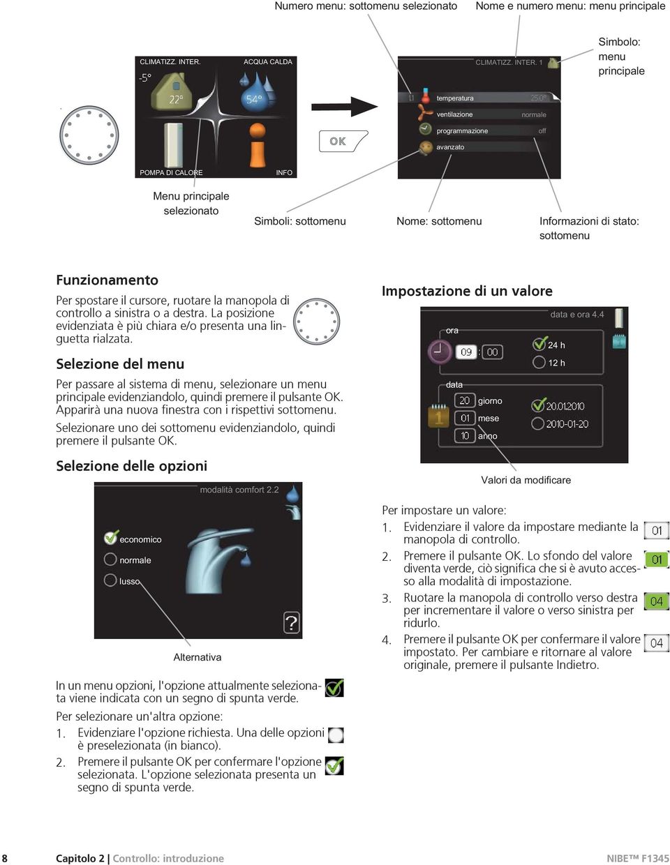 Selezionare uno dei sottomenu evidenziandolo, quindi premere il pulsante OK. Selezione delle opzioni Impostazione di un valore Per impostare un valore: 1.