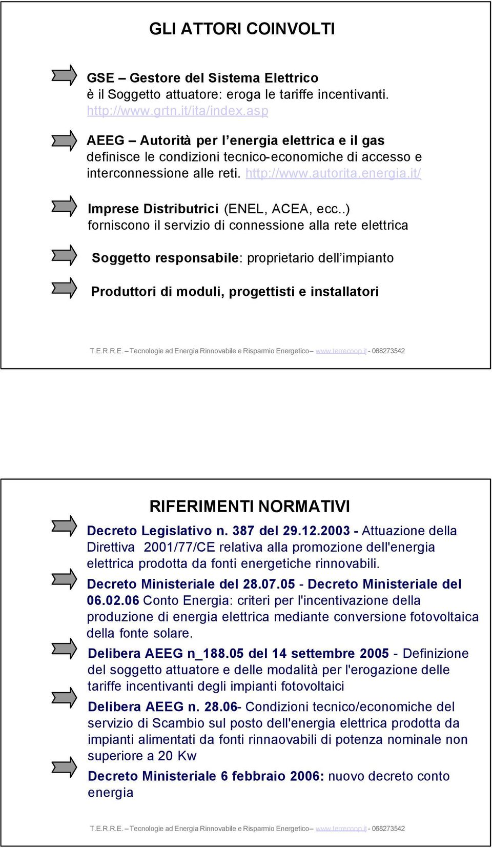 .) forniscono il servizio di connessione alla rete elettrica Soggetto responsabile: proprietario dell impianto Produttori di moduli, progettisti e installatori RIFERIMENTI NORMATIVI Decreto