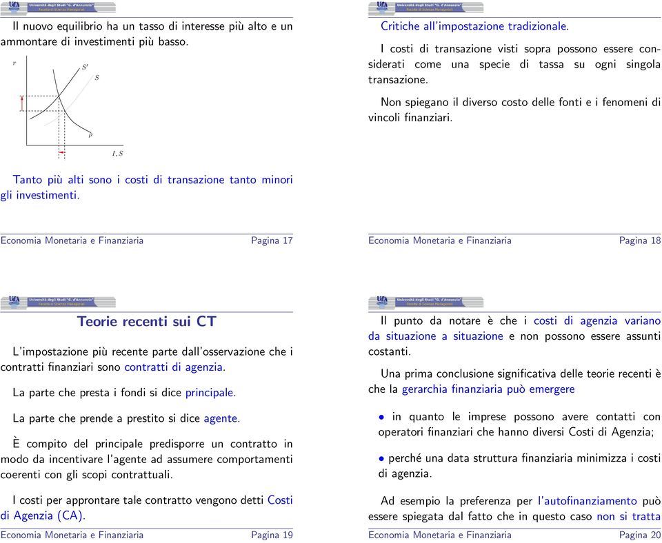 ρ I, S Tanto più alti sono i costi di transazione tanto minori gli investimenti.