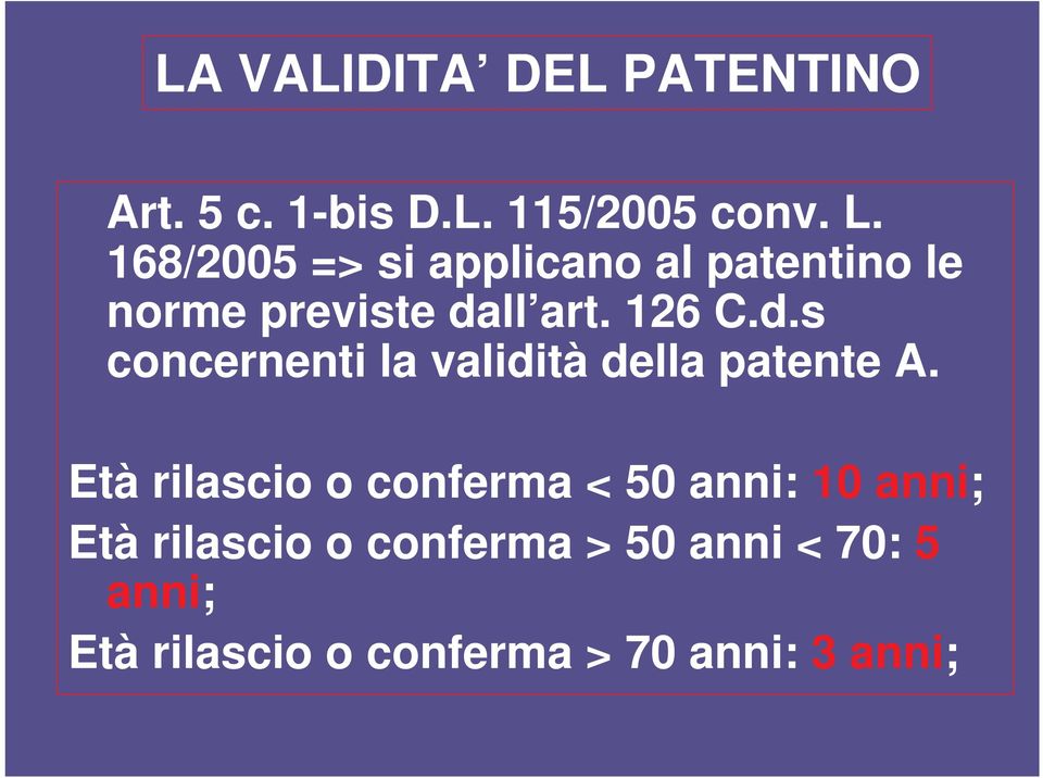 ll art. 126 C.d.s concernenti la validità della patente A.