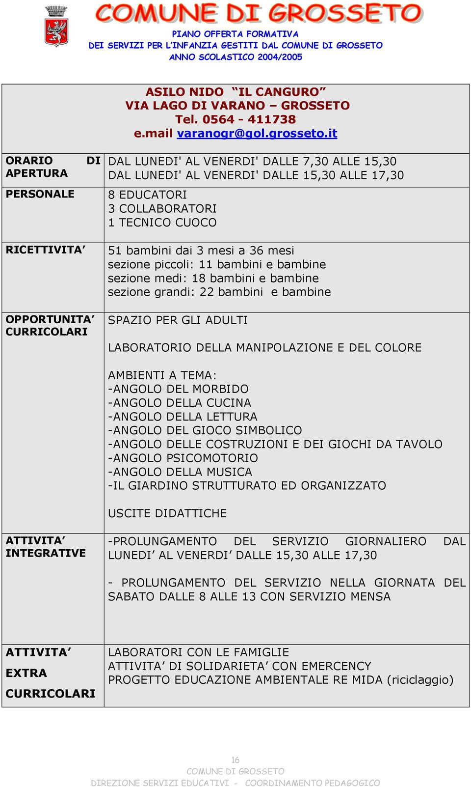 mesi a 36 mesi sezione piccoli: 11 bambini e bambine sezione medi: 18 bambini e bambine sezione grandi: 22 bambini e bambine OPPORTUNITA SPAZIO PER GLI ADULTI LABORATORIO DELLA MANIPOLAZIONE E DEL