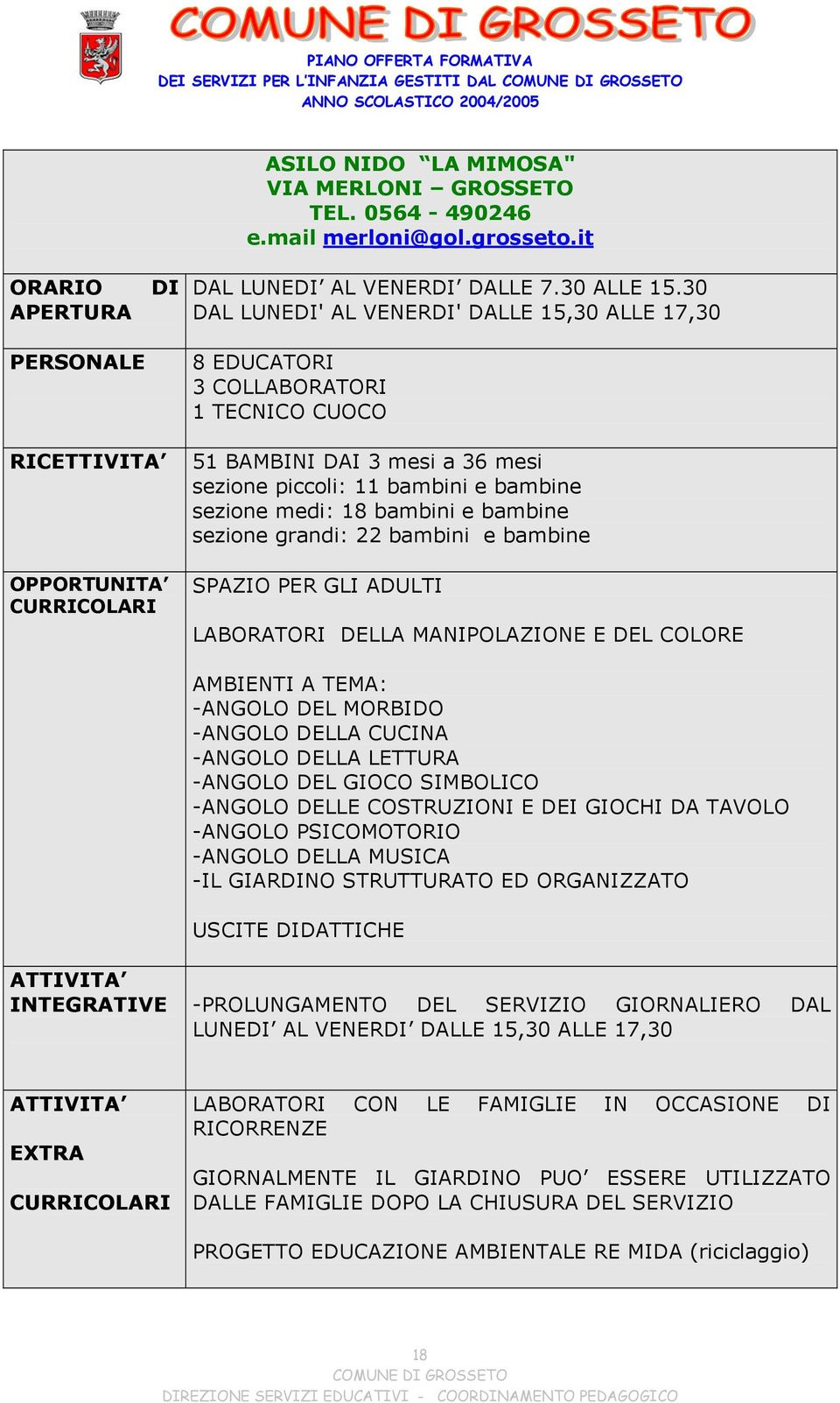 medi: 18 bambini e bambine sezione grandi: 22 bambini e bambine SPAZIO PER GLI ADULTI LABORATORI DELLA MANIPOLAZIONE E DEL COLORE AMBIENTI A TEMA: -ANGOLO DEL MORBIDO -ANGOLO DELLA CUCINA -ANGOLO