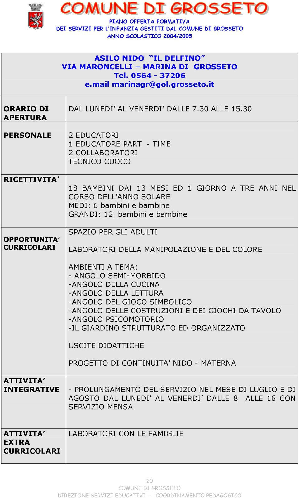 30 2 EDUCATORI 1 EDUCATORE PART - TIME 2 COLLABORATORI TECNICO CUOCO 18 BAMBINI DAI 13 MESI ED 1 GIORNO A TRE ANNI NEL CORSO DELL ANNO SOLARE MEDI: 6 bambini e bambine GRANDI: 12 bambini e bambine