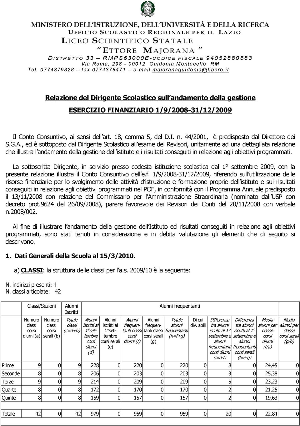 it Relazione del Dirigente Scolastico sull andamento della gestione ESERCIZIO FINANZIARIO 1/9/2008-31/12/2009 Il Conto Consuntivo, ai sensi dell art. 18, comma 5, del D.I. n.