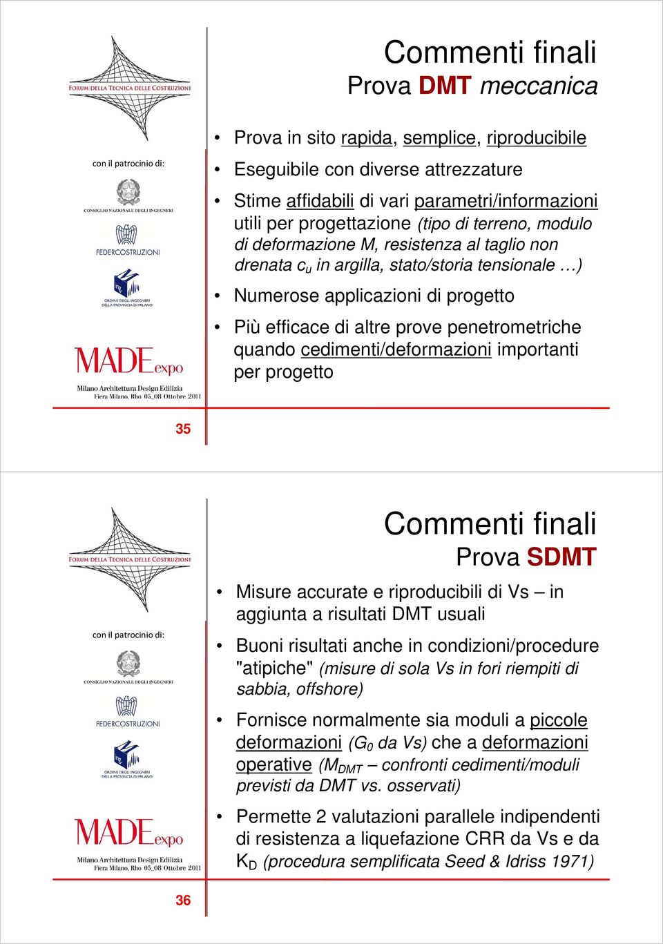 cedimenti/deformazioni importanti per progetto 35 Commenti finali Prova SDMT Misure accurate e riproducibili di Vs in aggiunta a risultati DMT usuali Buoni risultati anche in condizioni/procedure