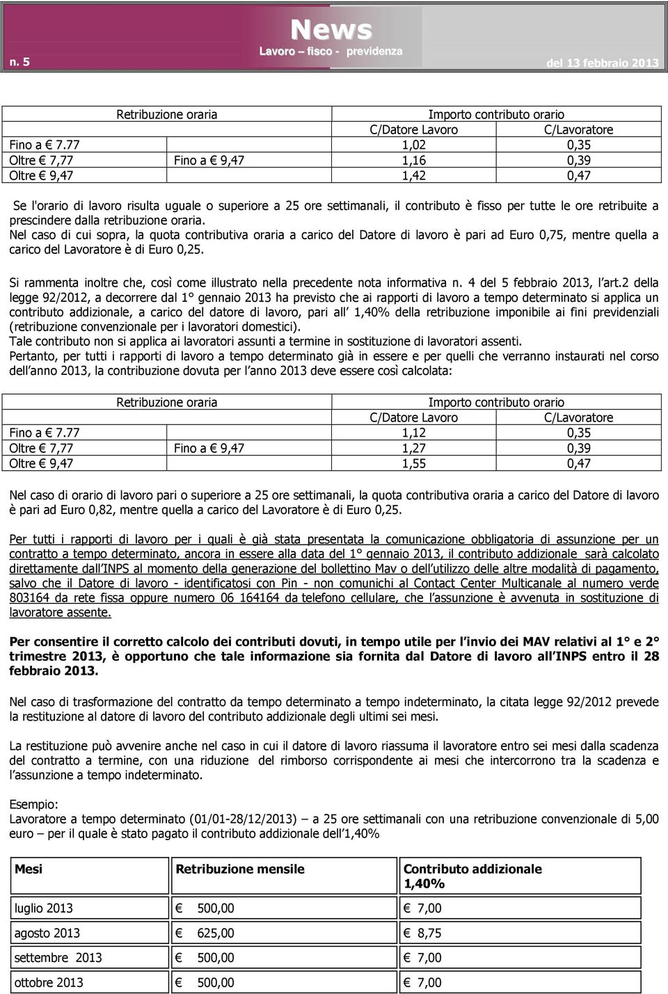 prescindere dalla retribuzione oraria. Nel caso di cui sopra, la quota contributiva oraria a carico del Datore di lavoro è pari ad Euro 0,75, mentre quella a carico del Lavoratore è di Euro 0,25.