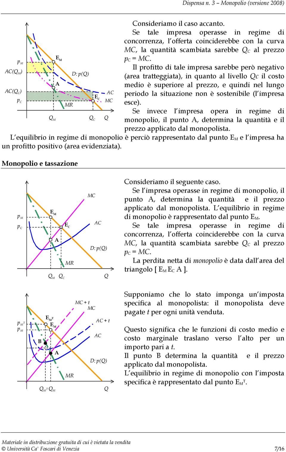 Il rofitto di tale imresa sarebbe erò negativo (area tratteggiata), in quanto al livello c il costo medio è sueriore al rezzo, e quindi nel lungo eriodo la situazione non è sostenibile (l imresa