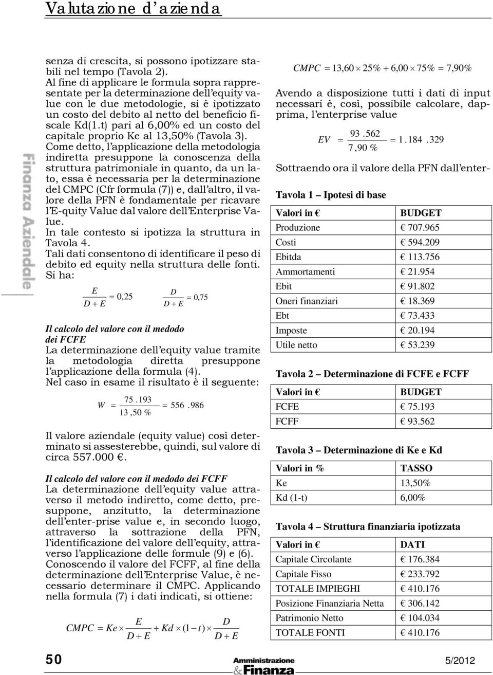 ) pari al 6,00% ed un coso del capiale proprio Ke al 13,50% (Tavola 3).