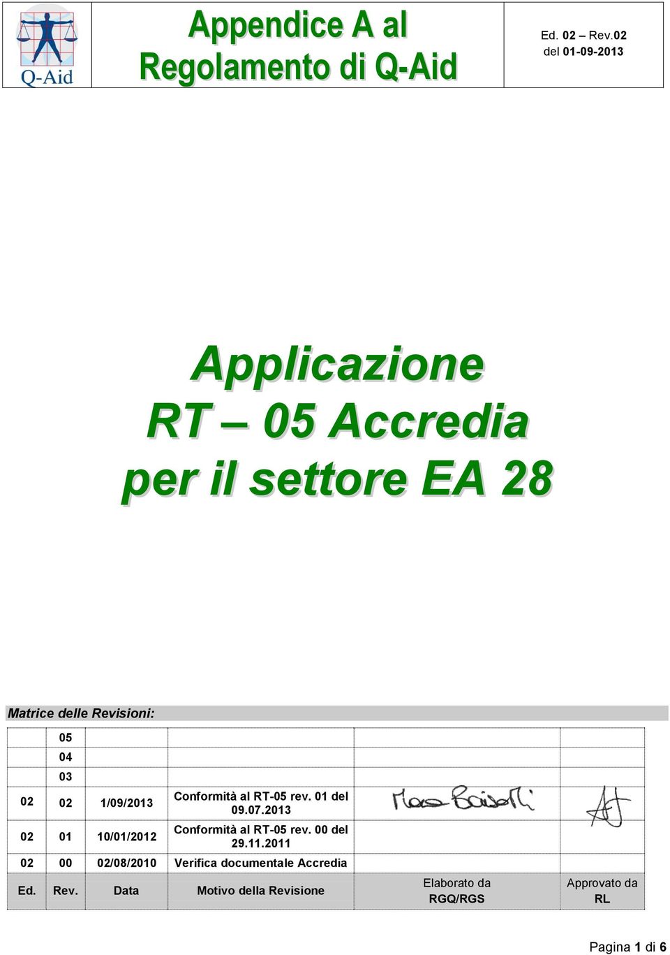 2013 Conformità al RT-05 rev. 00 del 29.11.