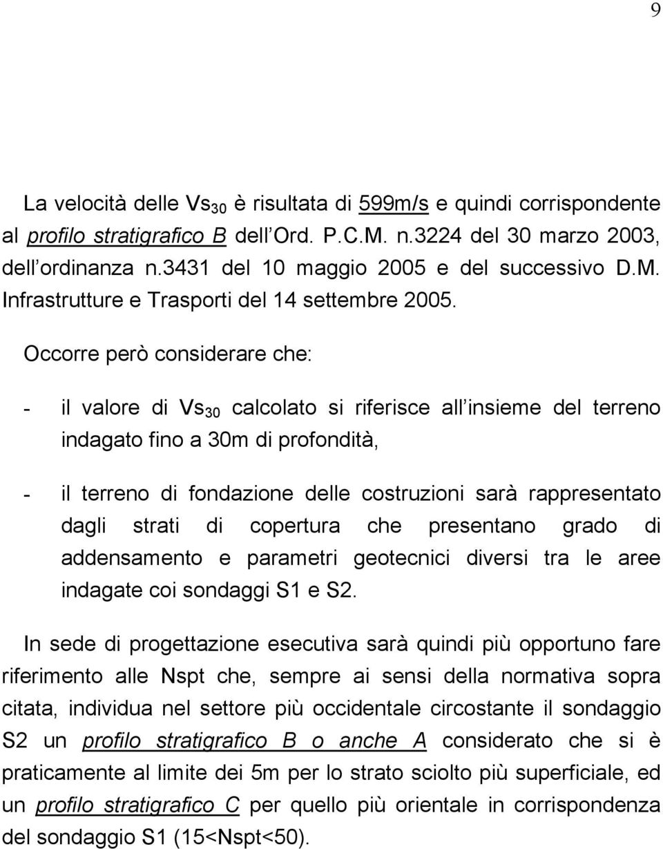 Occorre però considerare che: - il valore di Vs 30 calcolato si riferisce all insieme del terreno indagato fino a 30m di profondità, - il terreno di fondazione delle costruzioni sarà rappresentato