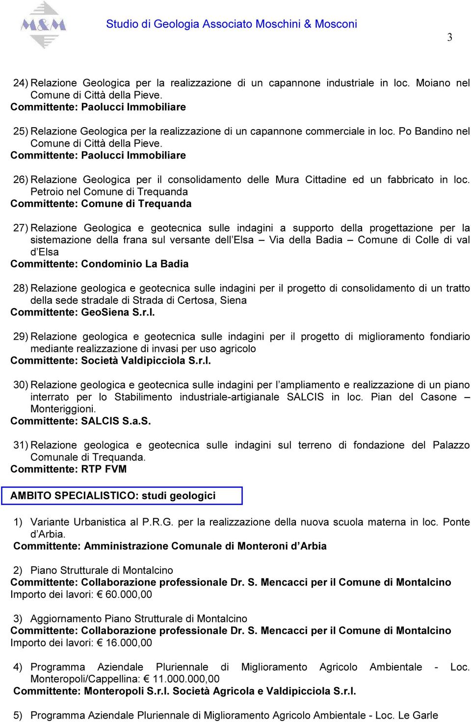 Committente: Paolucci Immobiliare 26) Relazione Geologica per il consolidamento delle Mura Cittadine ed un fabbricato in loc.