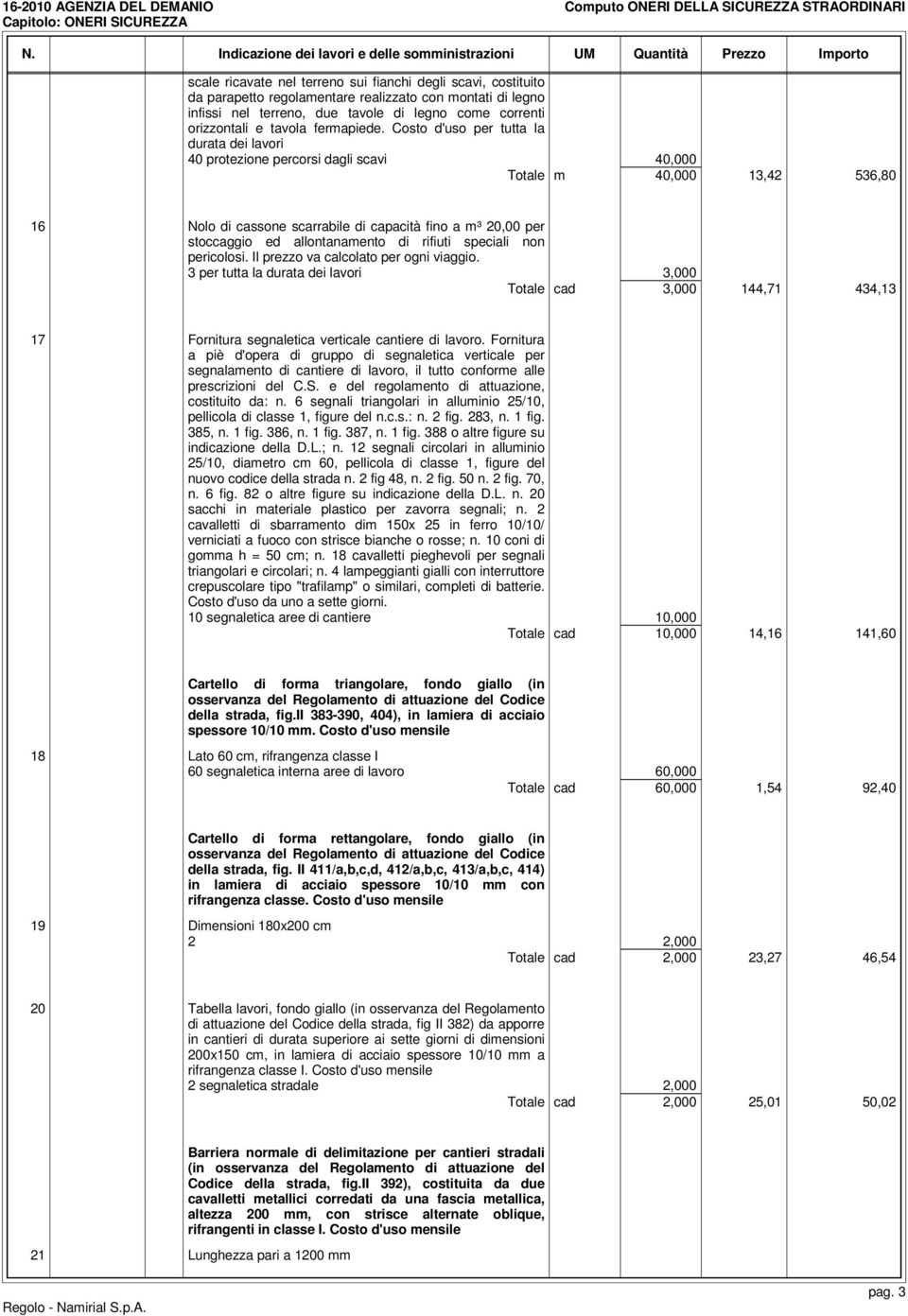 Costo d'uso per tutta la durata dei lavori 40 protezione percorsi dagli scavi 40,000 Totale m 40,000 13,42 536,80 16 Nolo di cassone scarrabile di capacità fino a m³ 20,00 per stoccaggio ed