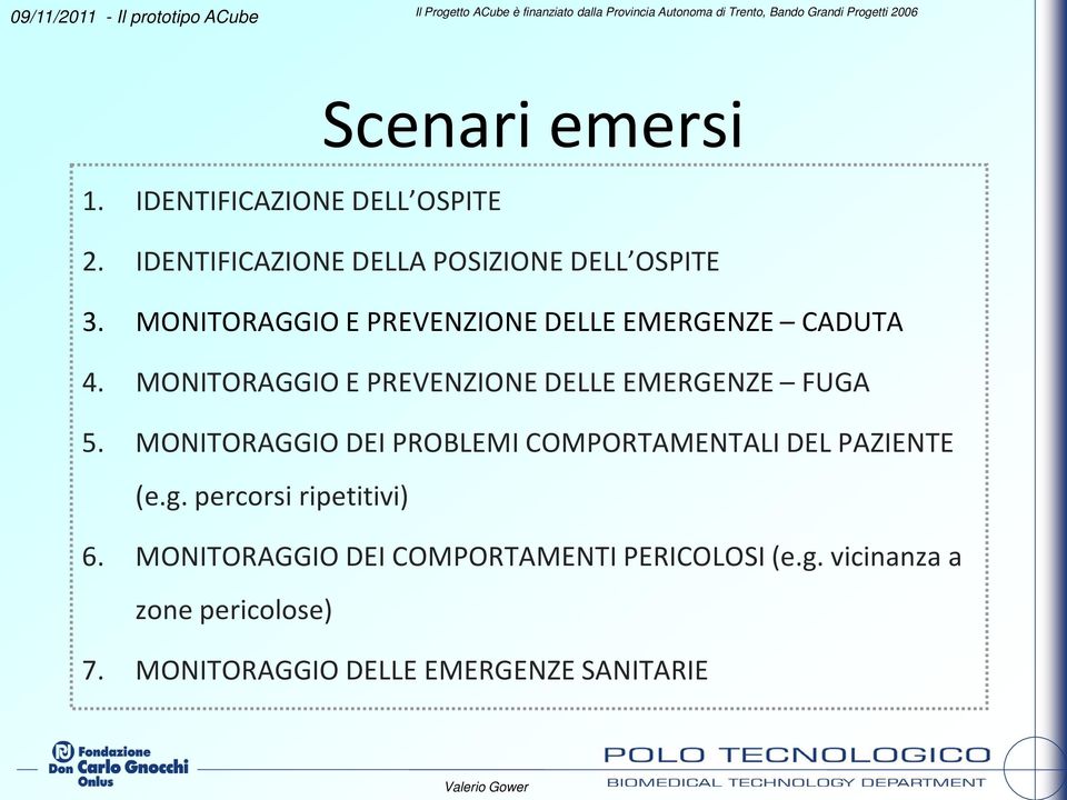 MONITORAGGIO E PREVENZIONE DELLE EMERGENZE CADUTA 4. MONITORAGGIO E PREVENZIONE DELLE EMERGENZE FUGA 5.