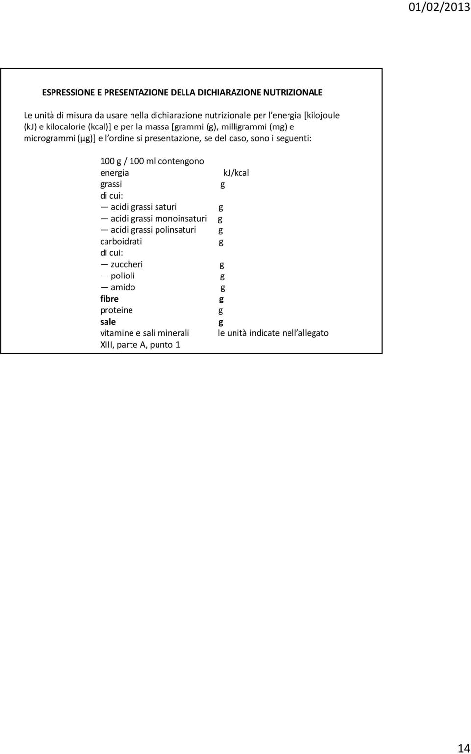 seguenti: 100 g / 100 ml contengono energia kj/kcal grassi g di cui: acidi grassi saturi g acidi grassi monoinsaturi g acidi grassi polinsaturi g