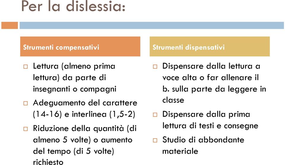 del tempo (di 5 volte) richiesto Strumenti dispensativi Dispensare dalla lettura a voce alta o far allenare il