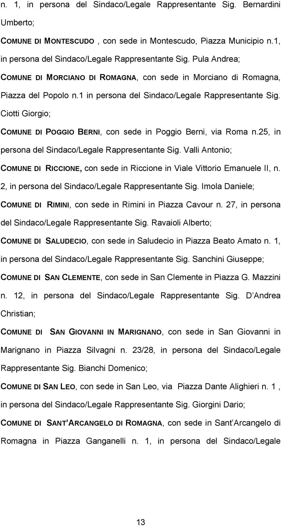 Valli Antonio; COMUNE DI RICCIONE, con sede in Riccione in Viale Vittorio Emanuele II, n. 2, in persona del Sindaco/Legale Rappresentante Sig.