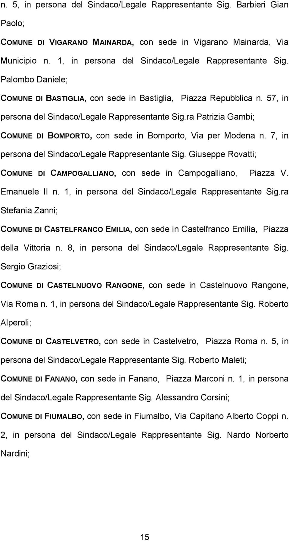 ra Patrizia Gambi; COMUNE DI BOMPORTO, con sede in Bomporto, Via per Modena n. 7, in persona del Sindaco/Legale Rappresentante Sig.