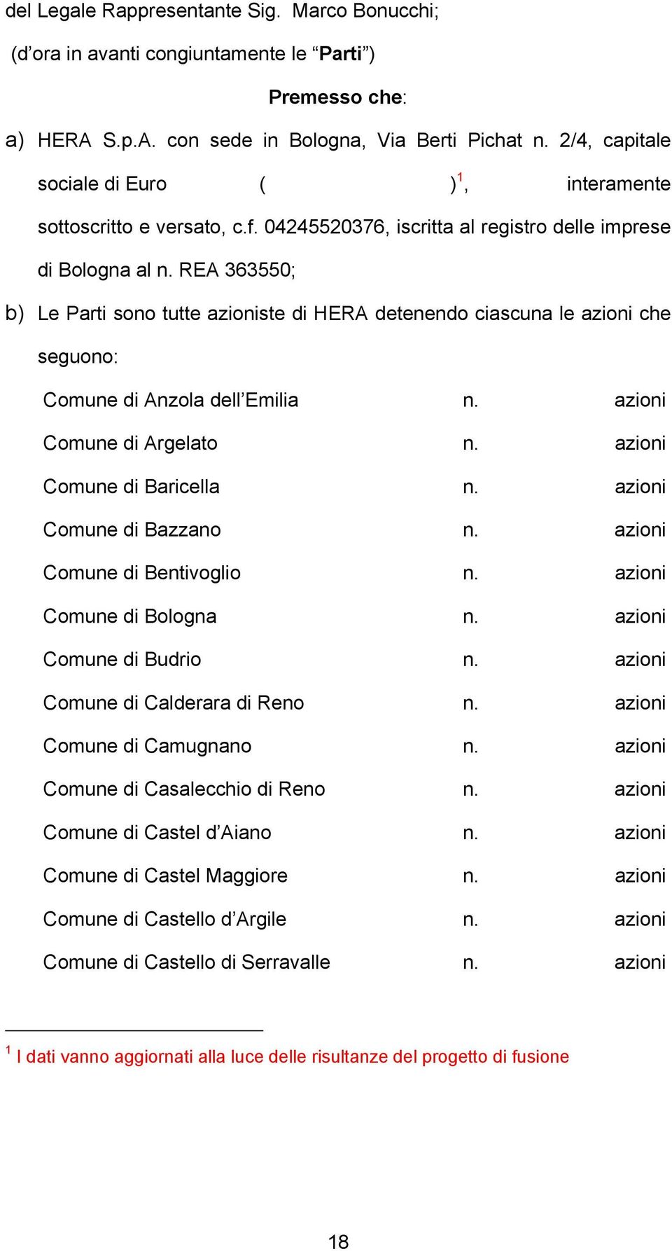 REA 363550; b) Le Parti sono tutte azioniste di HERA detenendo ciascuna le azioni che seguono: Comune di Anzola dell Emilia n. azioni Comune di Argelato n. azioni Comune di Baricella n.