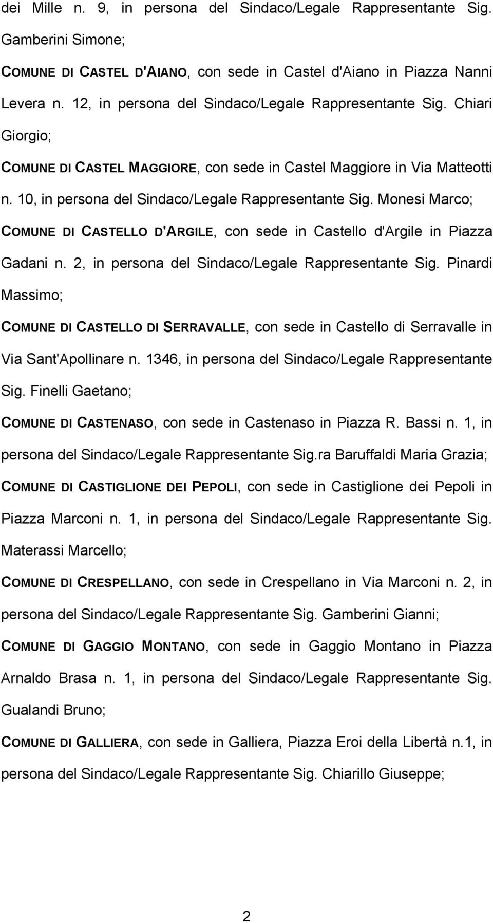 Monesi Marco; COMUNE DI CASTELLO D'ARGILE, con sede in Castello d'argile in Piazza Gadani n. 2, in persona del Sindaco/Legale Rappresentante Sig.