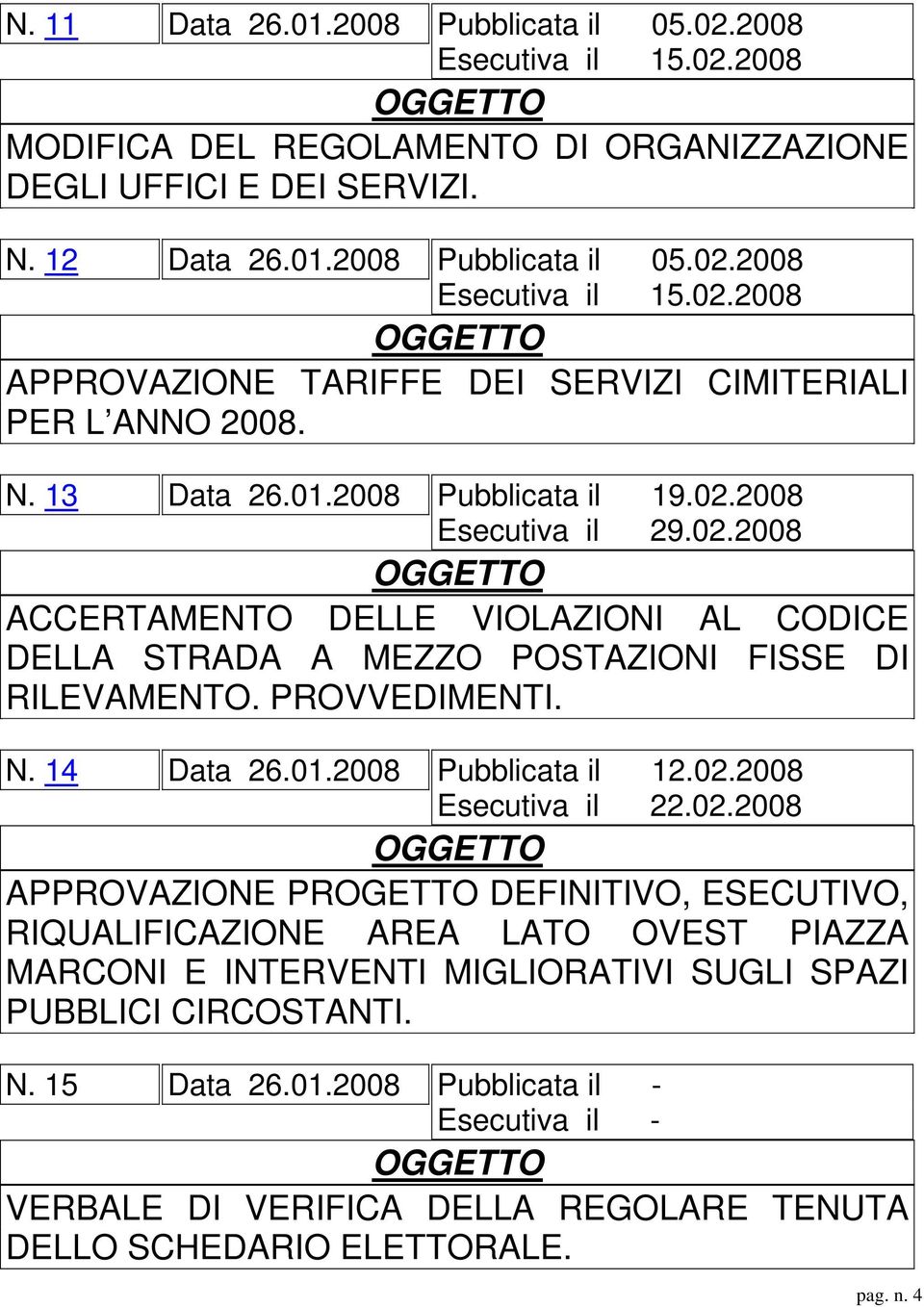 02.2008 Esecutiva il 22.02.2008 APPROVAZIONE PROGETTO DEFINITIVO, ESECUTIVO, RIQUALIFICAZIONE AREA LATO OVEST PIAZZA MARCONI E INTERVENTI MIGLIORATIVI SUGLI SPAZI PUBBLICI CIRCOSTANTI. N. 15 Data 26.