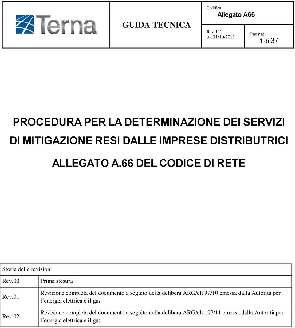 02 Prima stesura Revisione completa del documento a seguito della delibera ARG/elt 99/10 emessa dalla Autorità