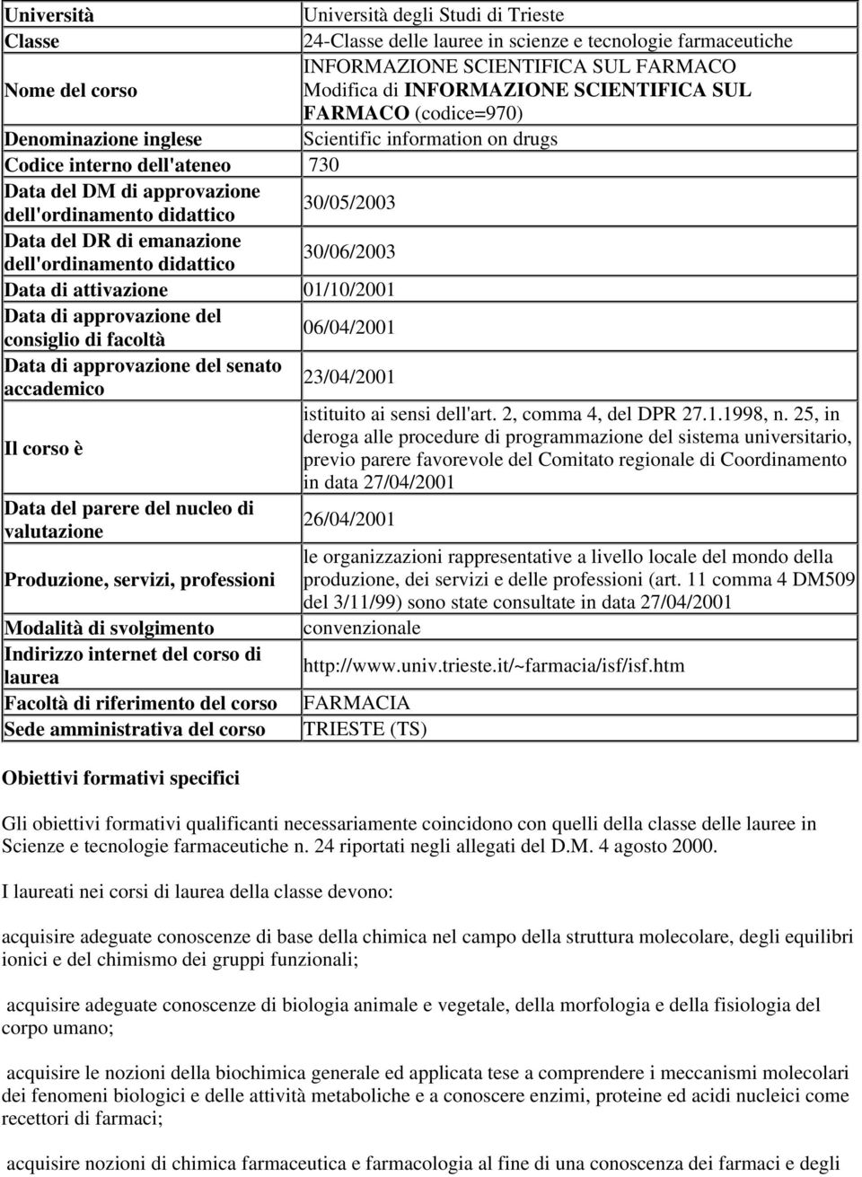 di emanazione dell'ordinamento didattico 30/06/2003 Data di attivazione 01/10/2001 Data di approvazione del consiglio di facoltà 06/04/2001 Data di approvazione del senato accademico 23/04/2001