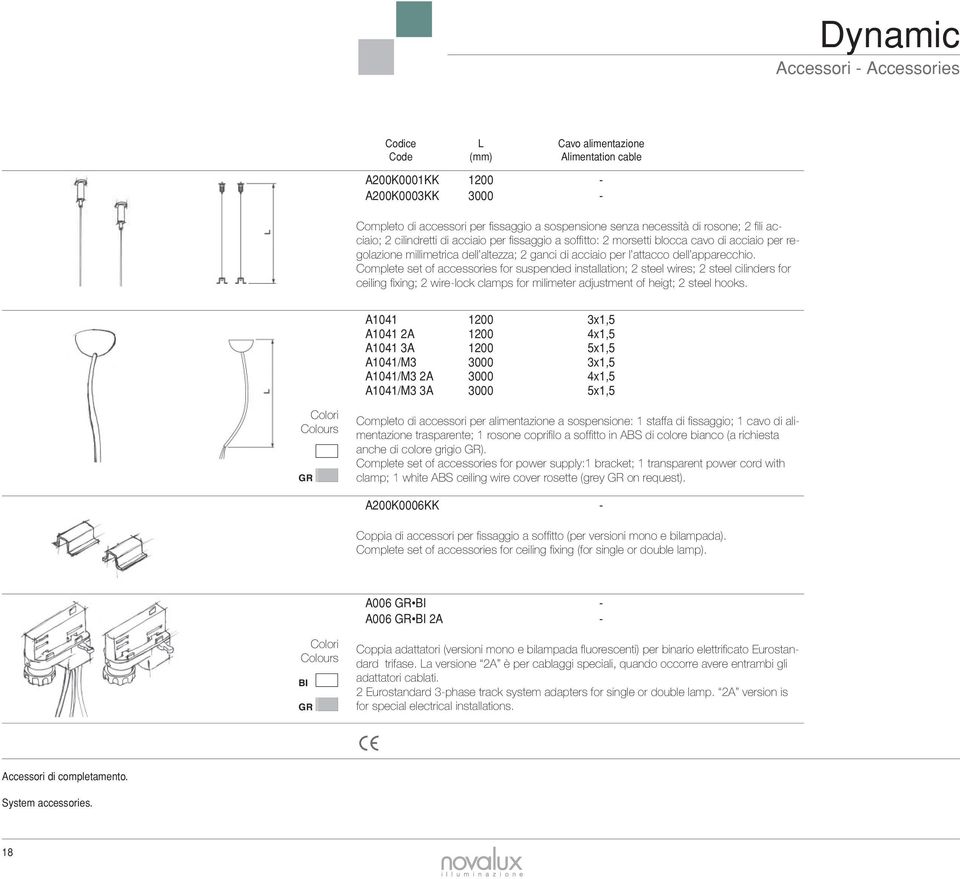 apparecchio. Complete set of accessories for suspended installation; 2 steel wires; 2 steel cilinders for ceiling fixing; 2 wire-lock clamps for milimeter adjustment of heigt; 2 steel hooks.