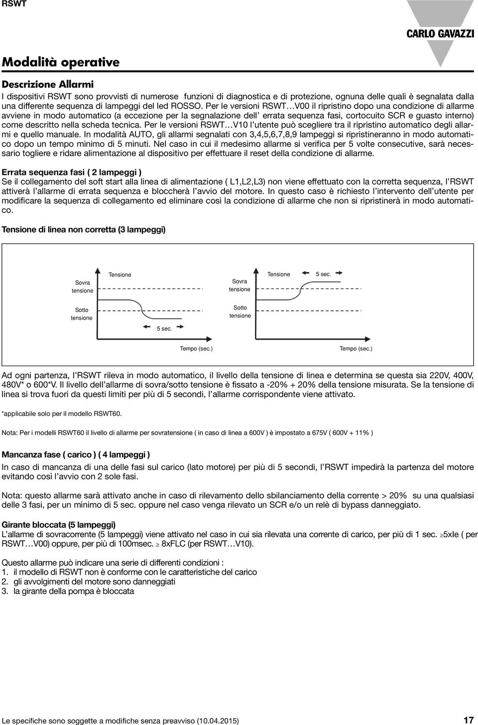 Per le versioni RSWT V00 il ripristino dopo una condizione di allarme avviene in modo automatico (a eccezione per la segnalazione dell errata sequenza fasi, cortocuito SCR e guasto interno) come