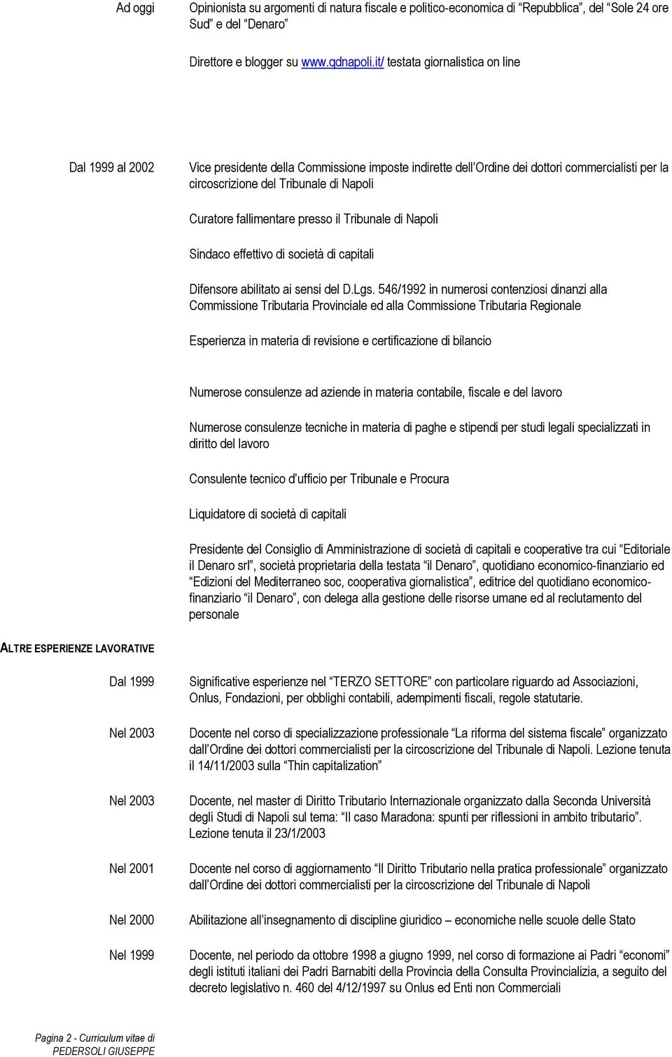 fallimentare presso il Tribunale di Napoli Sindaco effettivo di società di capitali Difensore abilitato ai sensi del D.Lgs.