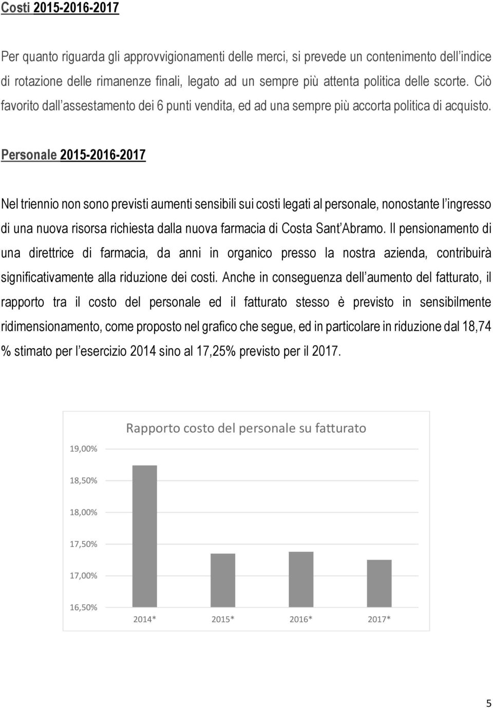 Personale 2015-2016-2017 Nel triennio non sono previsti aumenti sensibili sui costi legati al personale, nonostante l ingresso di una nuova risorsa richiesta dalla nuova farmacia di Costa Sant Abramo.