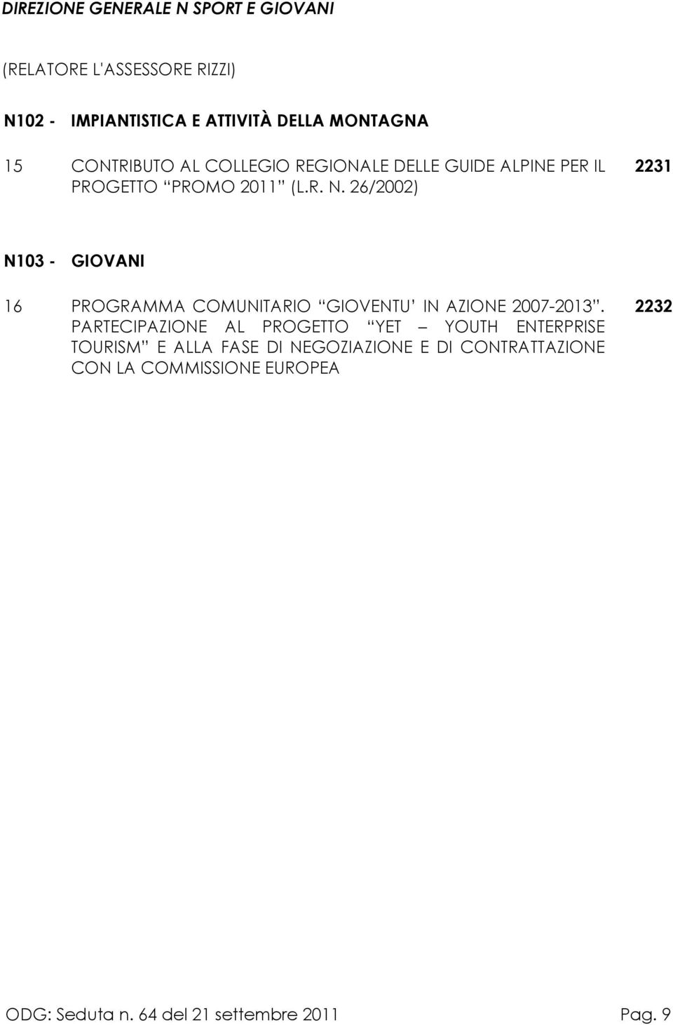 26/2002) 2231 N103 - GIOVANI 16 PROGRAMMA COMUNITARIO GIOVENTU IN AZIONE 2007-2013.