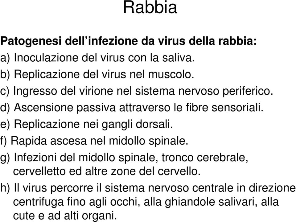 e) Replicazione nei gangli dorsali. f) Rapida ascesa nel midollo spinale.