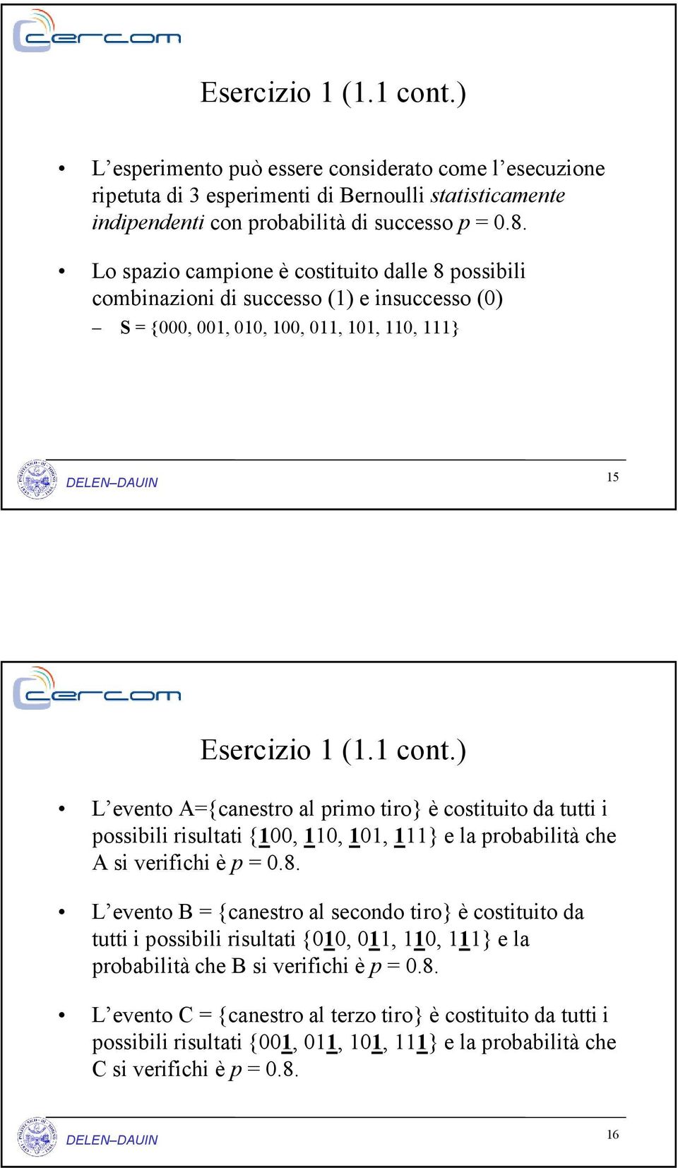 ) L evento A={canestro al primo tiro} è costituito da tutti i possibili risultati {100, 110, 101, 111} e la probabilità che A si verifichi è p = 0.8.