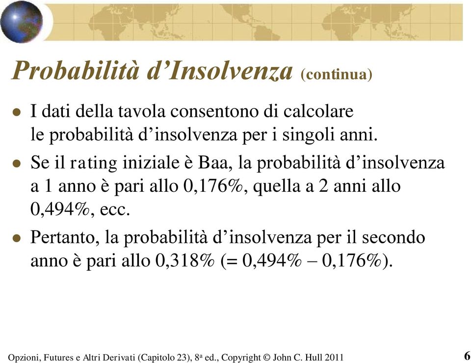 Se il rating iniziale è Baa, la probabilità d insolvenza a 1 anno è pari allo 0,176%,