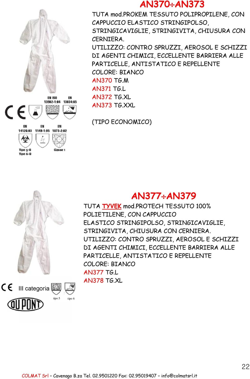 XL AN373 TG.XXL (TIPO ECONOMICO) III categoria AN377 AN379 TUTA TYVEK mod.