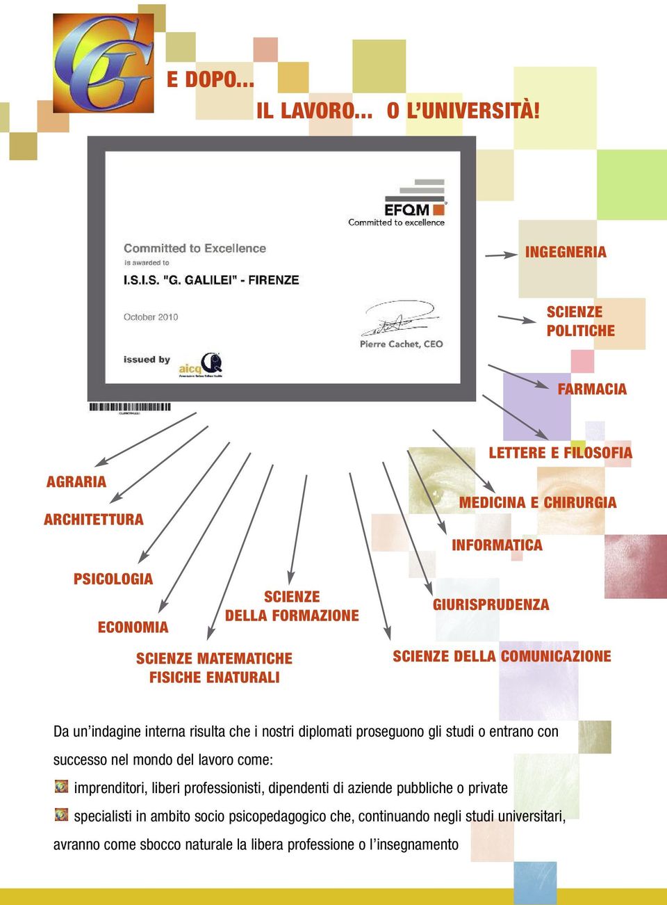 ENATURALI MEDICINA E CHIRURGIA INFORMATICA GIURISPRUDENZA SCIENZE DELLA COMUNICAZIONE Da un indagine interna risulta che i nostri diplomati proseguono gli