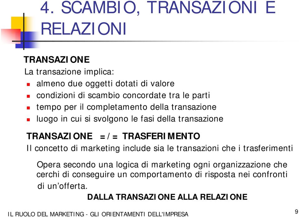 luogo in cui si svolgono le fasi della transazione TRANSAZIONE =/= TRASFERIMENTO Il concetto di marketing include sia le transazioni
