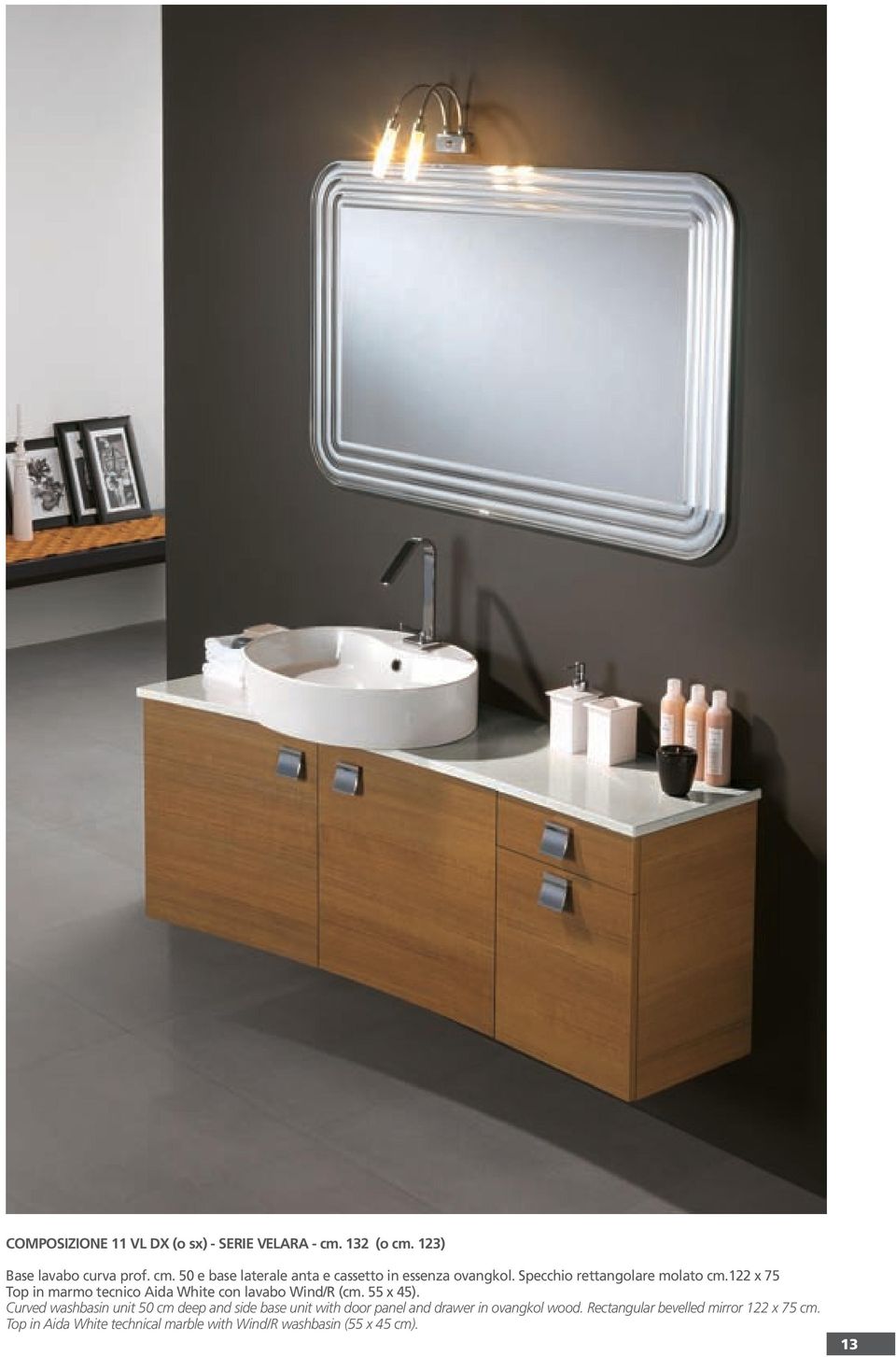 Curved washbasin unit 50 cm deep and side base unit with door panel and drawer in ovangkol wood.