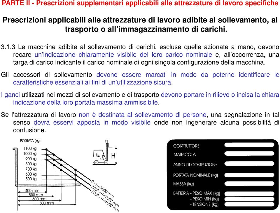 3 Le macchine adibite al sollevamento di carichi, escluse quelle azionate a mano, devono recare un indicazione chiaramente visibile del loro carico nominale e, all occorrenza, una targa di carico