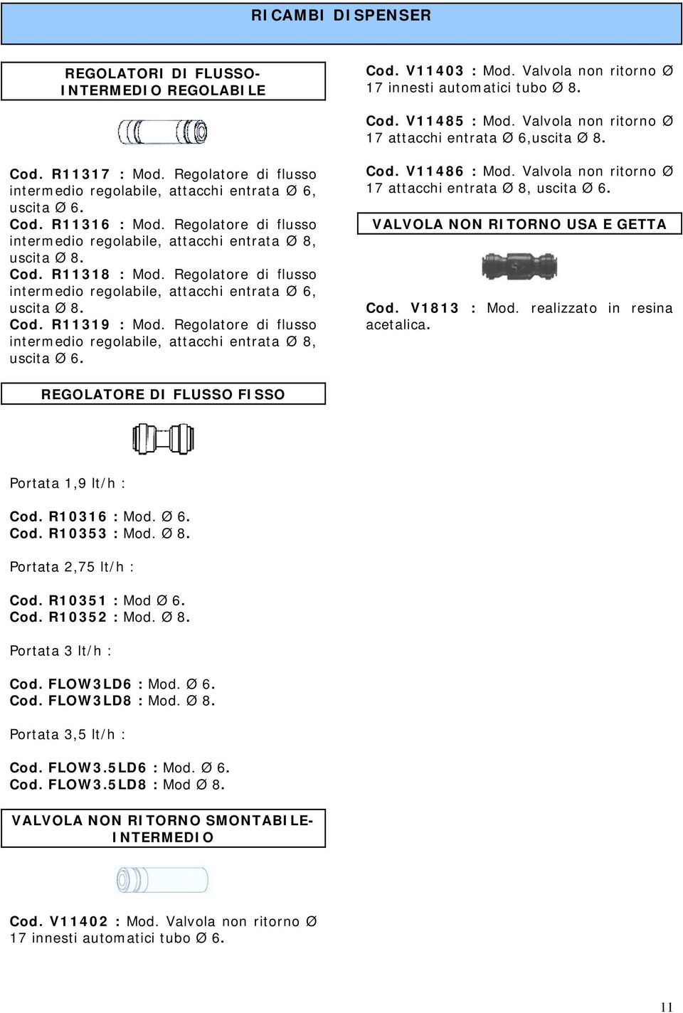 Regolatore di flusso intermedio regolabile, attacchi entrata Ø 8, uscita Ø 8. Cod. R11318 : Mod. Regolatore di flusso intermedio regolabile, attacchi entrata Ø 6, uscita Ø 8. Cod. R11319 : Mod.