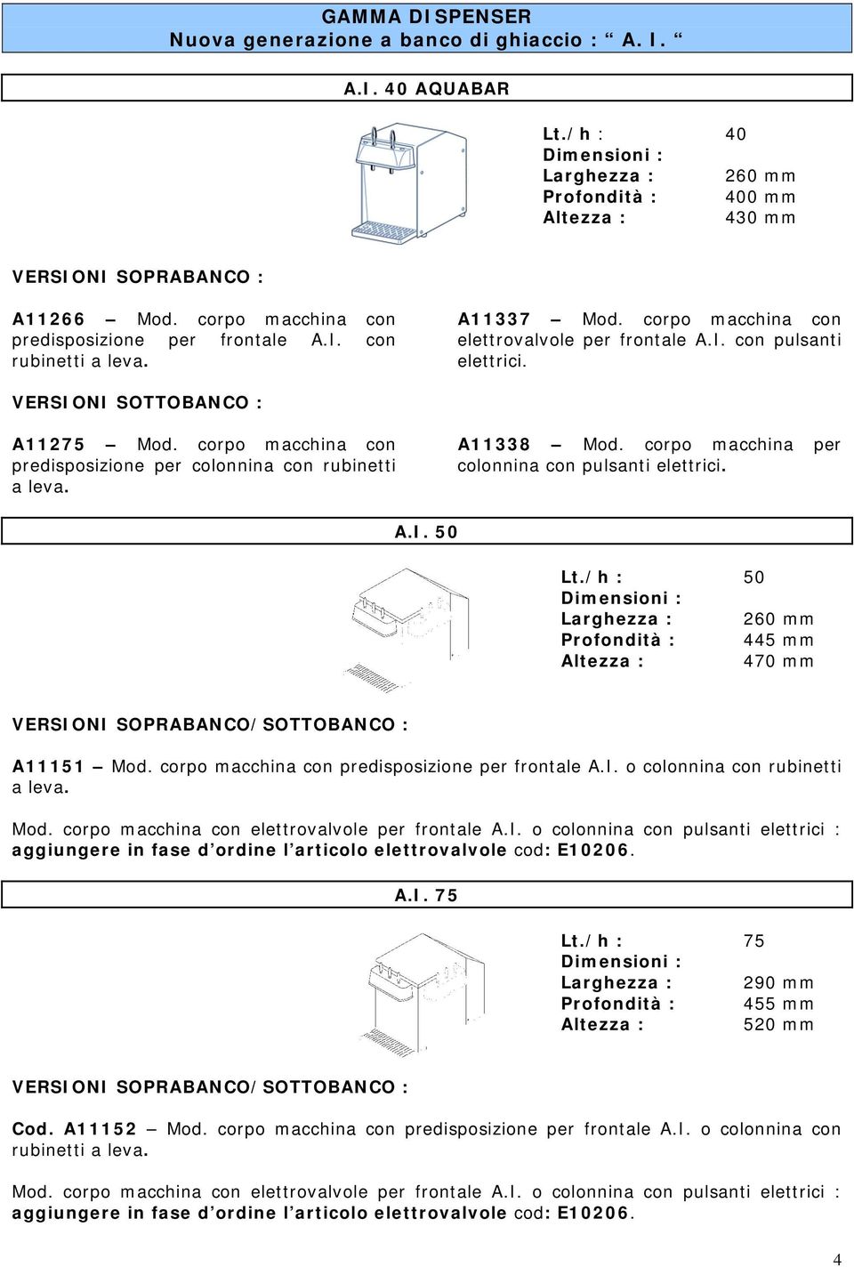 corpo macchina con predisposizione per colonnina con rubinetti a leva. A11338 Mod. corpo macchina per colonnina con pulsanti elettrici. A.I. 50 Lt.