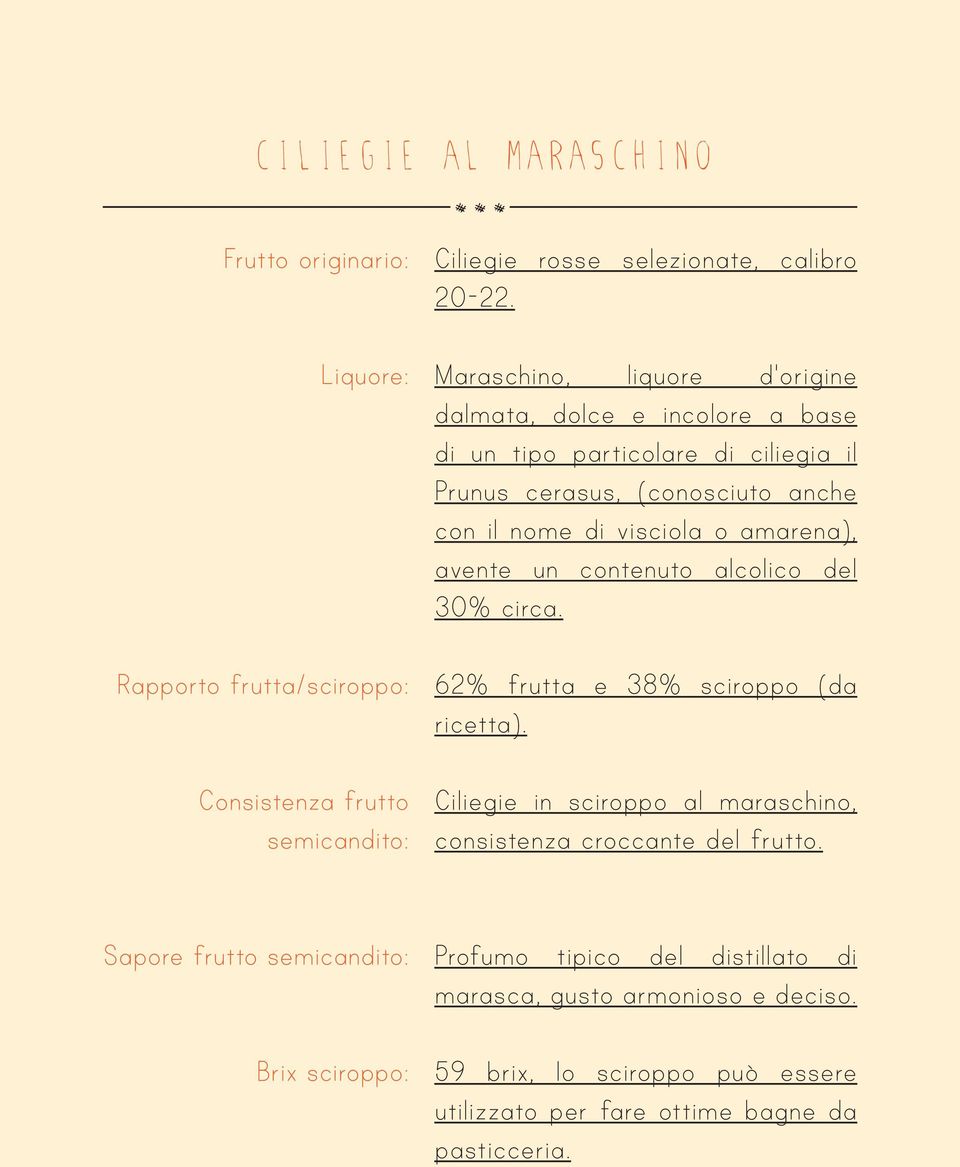 amarena), avente un contenuto alcolico del 30% circa. 62% frutta e 38% sciroppo (da ricetta). Ciliegie in sciroppo al maraschino, consistenza croccante del frutto.