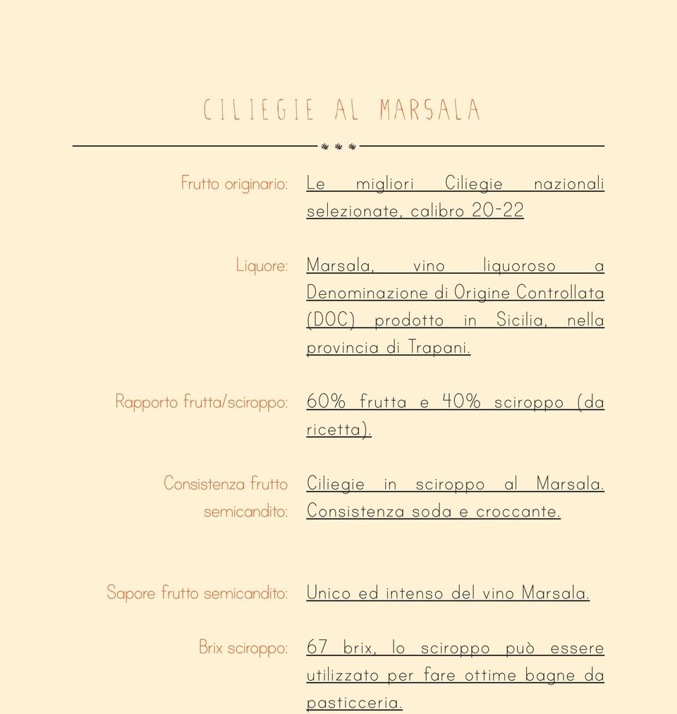 di Trapani. 60% frutta e 40% sciroppo (da ricetta). Ciliegie in sciroppo al Marsala. Consistenza soda e croccante.