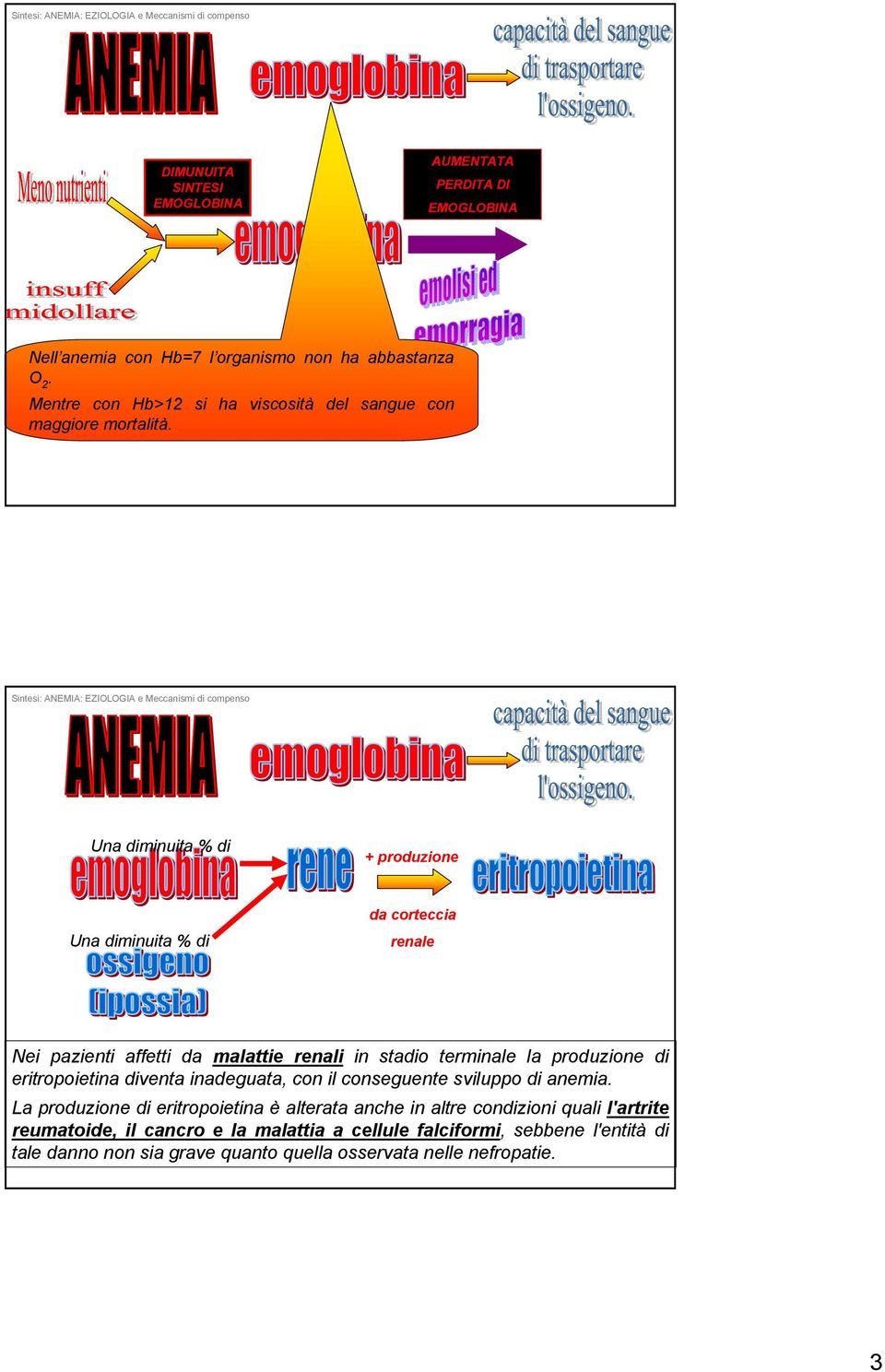 Sintesi: ANEMIA: EZIOLOGIA e Meccanismi di compenso Una diminuzione percentuale di emoglobina Una diminuita % di + produzione Una diminuita % di da corteccia renale Nei pazienti affetti da