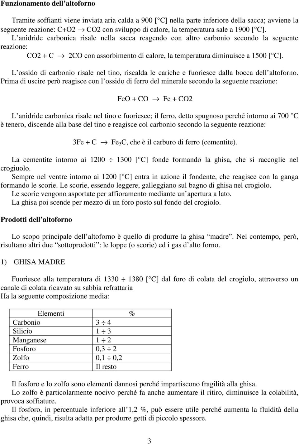 L ossido di carbonio risale nel tino, riscalda le cariche e fuoriesce dalla bocca dell altoforno.