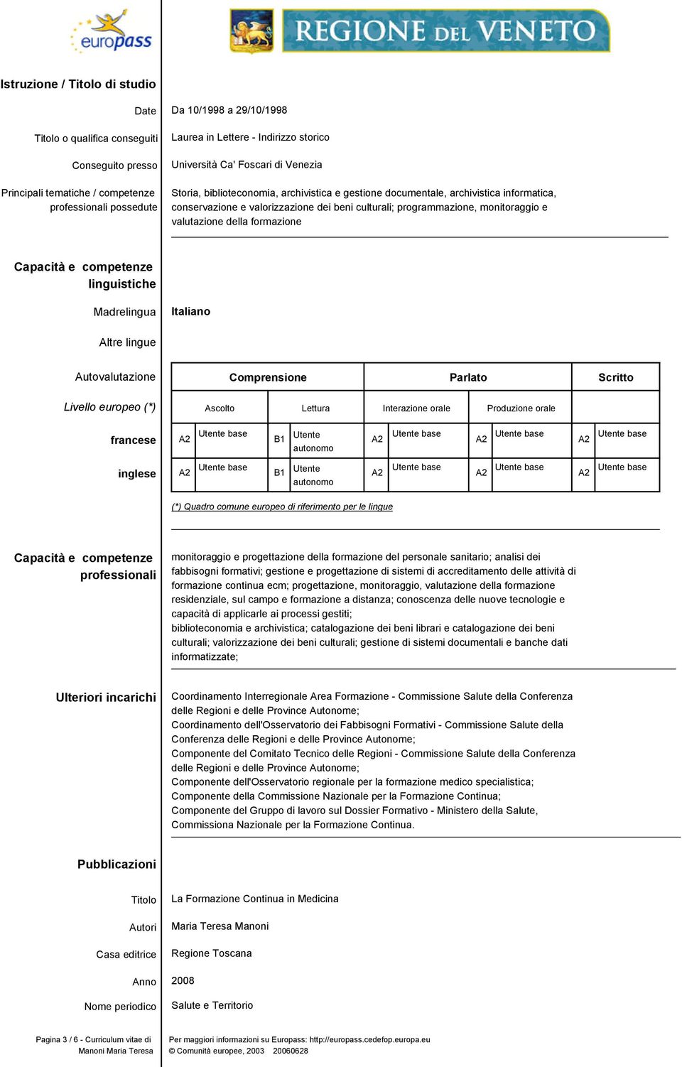 e competenze linguistiche Madrelingua Italiano Altre lingue Autovalutazione Comprensione Parlato Scritto Livello europeo (*) Ascolto Lettura Interazione orale Produzione orale francese B1 Utente