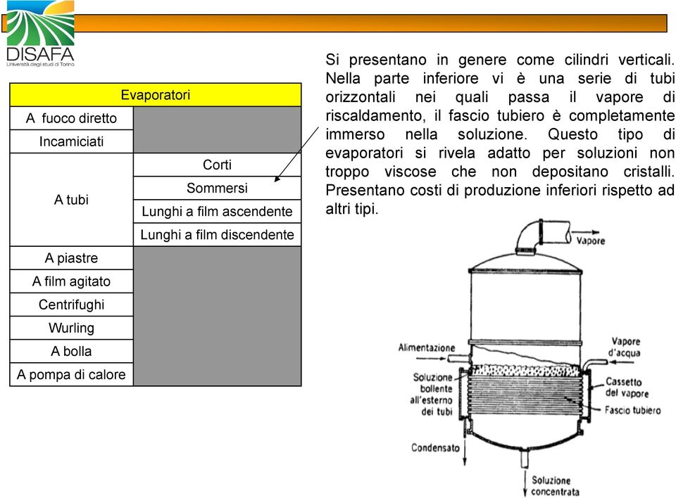 Nella parte inferiore vi è una serie di tubi orizzontali nei quali passa il vapore di riscaldamento, il fascio tubiero è completamente