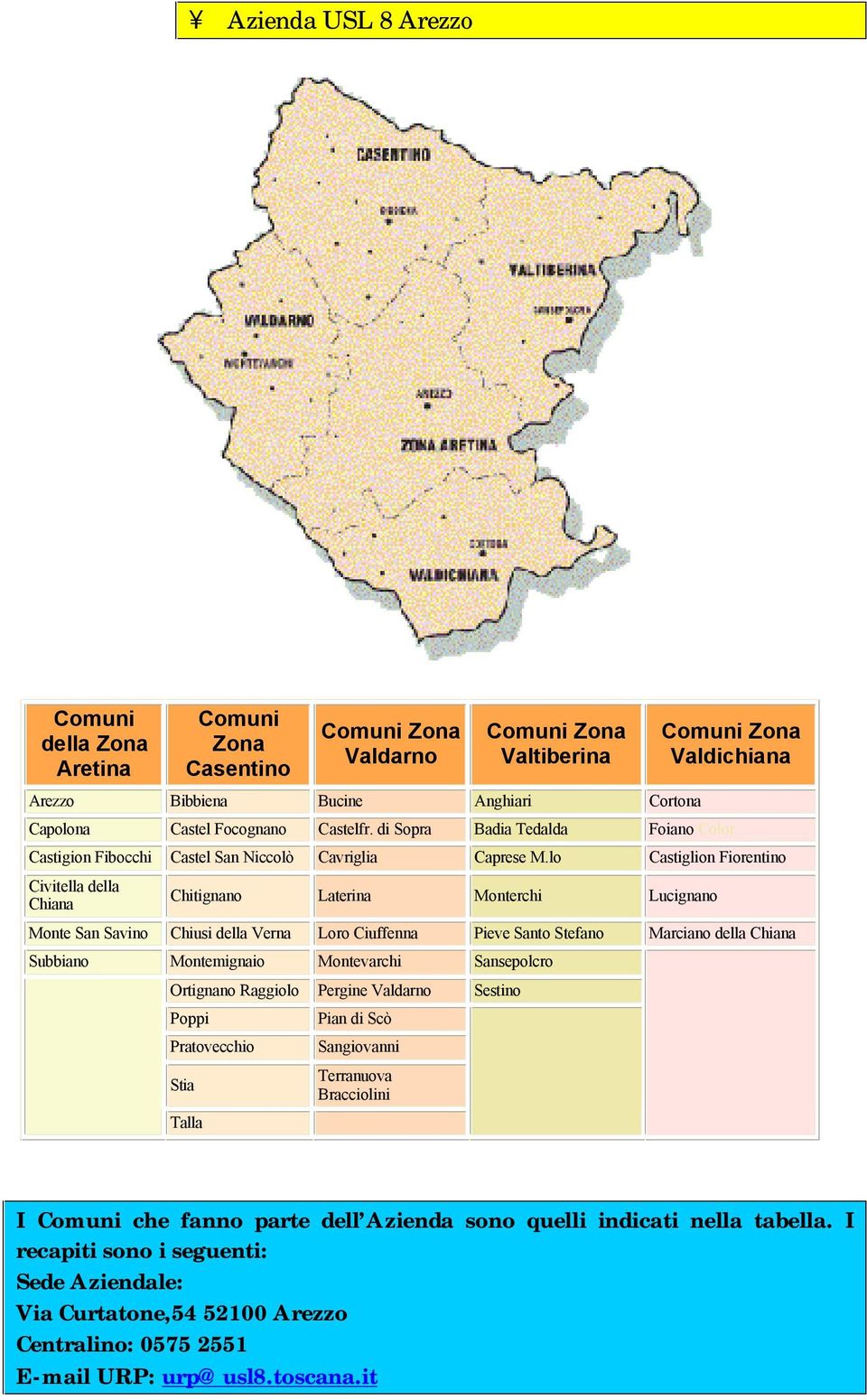 lo Castiglion Fiorentino Civitella della Chiana Chitignano Laterina Monterchi Lucignano Monte San Savino Chiusi della Verna Loro Ciuffenna Pieve Santo Stefano Marciano della Chiana Subbiano